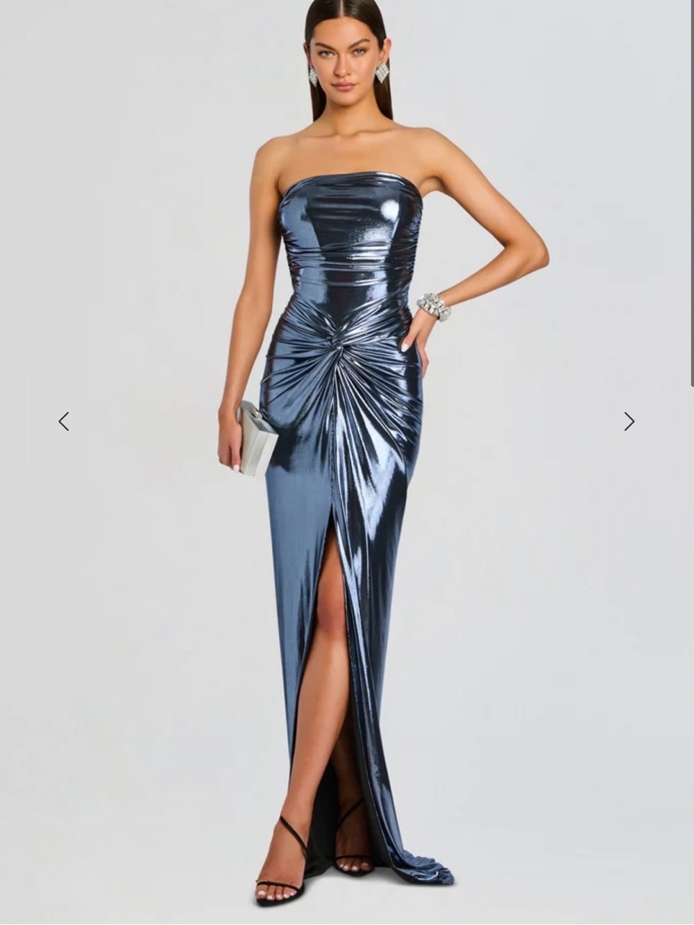 Retrofete Metallic Navy Strapless Gown with Front Twist